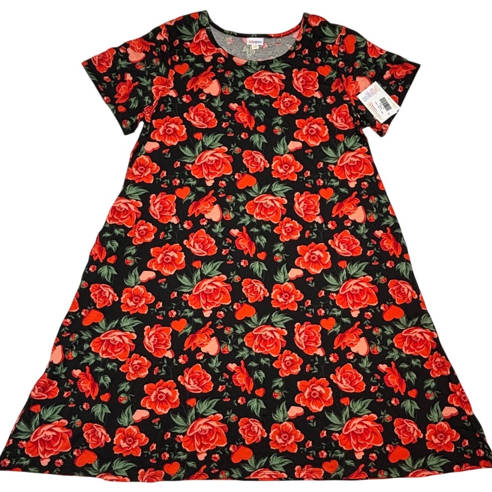 LuLaRoe Womens Dress‎ Size 3XL Jessie Black Red Roses Hearts Floral 3X NWT